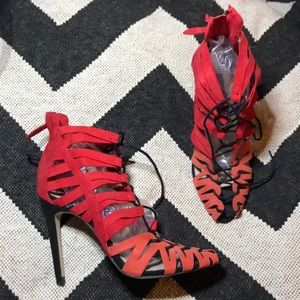Zara Red & Orange caged strappy sandal stilettos.